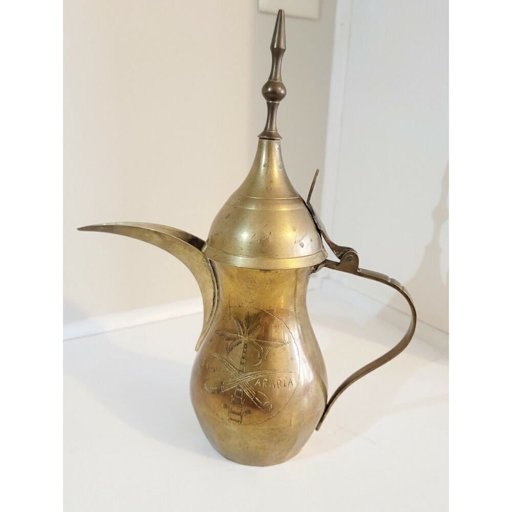 Vintage Small Islamic Etched Dallah Brass Coffee Tea Pot Middle Eastern‎ Floral